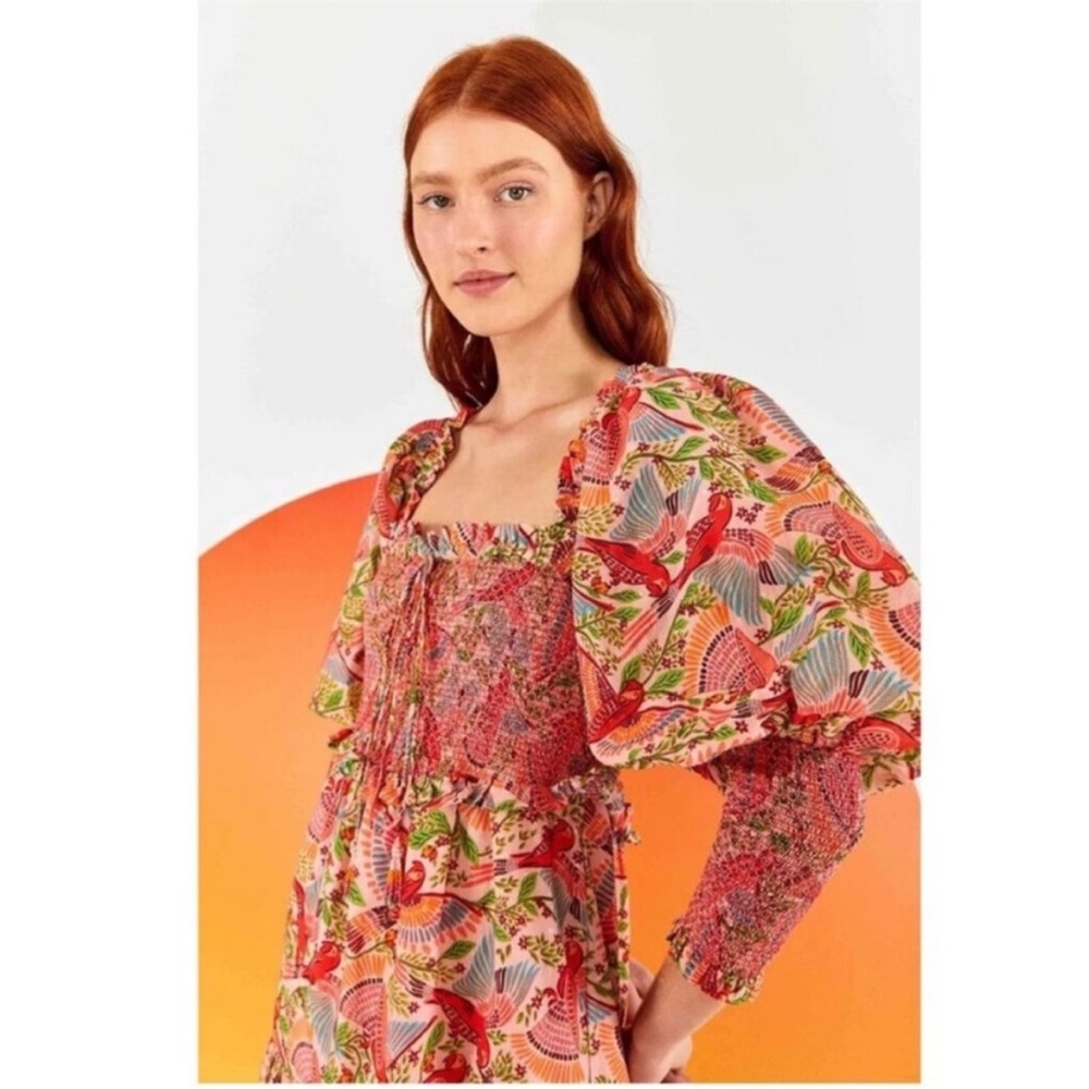 FARM RIO Pink Green Tropical Floral Macaw Bird Smocked Balloon Sleeve
Maxi Dress - Picture 3 of 10